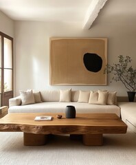 minimalist living room, neutral tones, natural light, modern furniture, wooden coffee table, abstract art, cozy sofa, potted plants, serene atmosphere, minimalistic decor