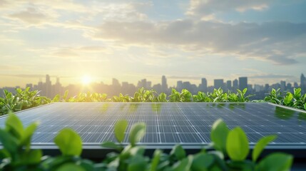 A solar panel surrounded by greenery, capturing sunlight during a beautiful sunrise over the city skyline.