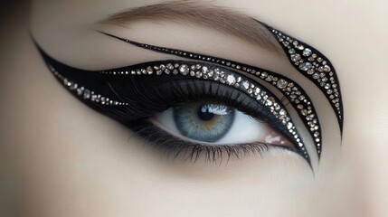 Sticker - Close-up of a Woman's Eye with Dramatic Black Eyeliner and Rhinestones