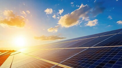 A vibrant sunset over solar panels, showcasing renewable energy and sustainable technology against a clear blue sky.