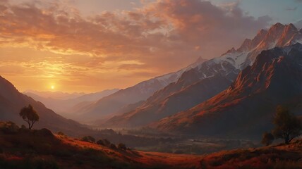 Wall Mural - A painting of the early morning at dawn, the sun behind the mountains, the sun's light shines with red-orange colors creating an unforgettable landscape scene	