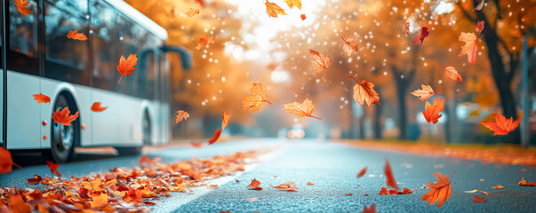 Wall Mural - bus moving on beautiful asphalt road with dividing lines with many colourful autumn maple leaves falling from the trees in park