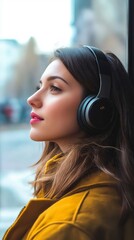 Wall Mural - A woman wearing a yellow jacket and headphones looking out a window