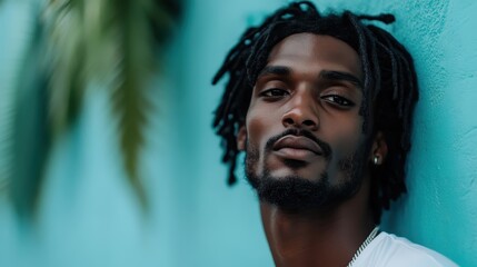 A man with dreadlocks in a white shirt stands against a blue wall, with a relaxed posture. His calm and confident expression radiates tranquility and poise.