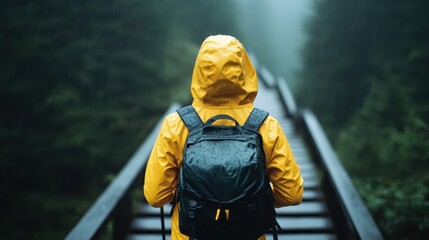 a person wearing a vibrant yellow raincoat with a backpack walks on a wooden path through a lush for