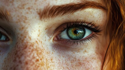 Wall Mural - Close-up of a Freckled Face with Green Eyes