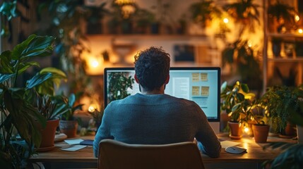Aufkleber - A man is sitting at a desk with a computer monitor in front of him