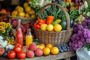 Wall Mural - A vibrant display of fresh fruits and vegetables awaits at the market. Bright colors and natural beauty showcase organic goodness and healthy choices. Generative AI