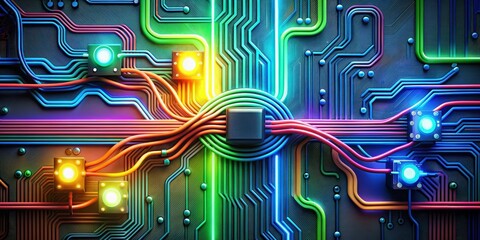 Poster - electric circuit abstract background with colorful wires, components, and symbols, technology, elect