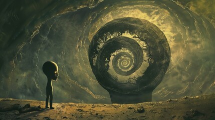 A surreal landscape with a figure standing before a swirling portal.