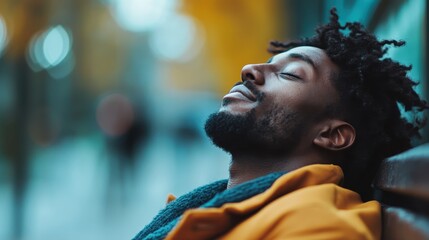 A person wearing a yellow coat is leaning against a surface in an outdoor setting, with a blurred background featuring soft bokeh lights and an urban scenery.