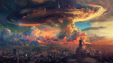 Wall Mural - A swirling vortex of clouds over a futuristic city at sunset.