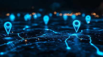 Poster - Blue Glowing Location Pins with Dynamic Path Lines on Dark Background