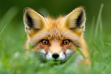 Wall Mural - Red Fox Peeking Through the Grass