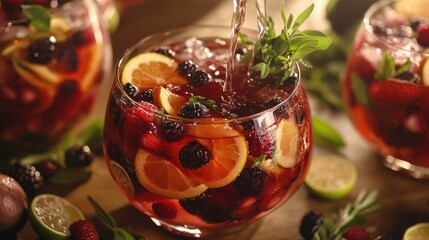 Canvas Print - Close-up of a refreshing fruit-infused beverage with a stream of liquid pouring into a glass bowl