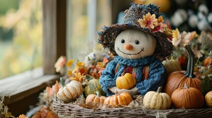 Wall Mural - thanksgiving decor banner with scarecrow centerpiece, pumpkins, and gourds on harvest table for a festive touch