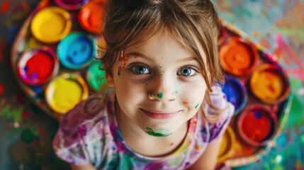 A close-up portrait of a cheerful little girl with a palette of multicolored watercolor paints