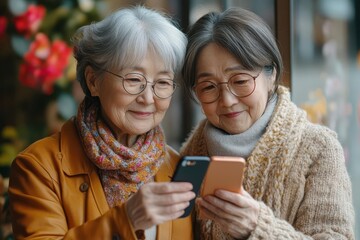 cheerful senior japanese women exploring smartphone together soft natural lighting modern minimalist interior bridging generations through technology with warmth and curiosity