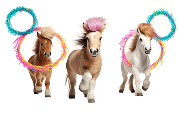 Wall Mural - Playful Ponies with Hula Hoops on White Background