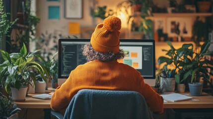 Aufkleber - A person wearing a yellow sweater is sitting in front of a computer monitor