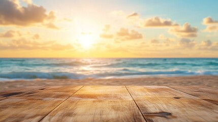 Canvas Print - Beach Sunset with Wooden Tabletop