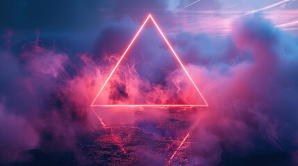 Poster - Modern abstract neon triangle glowing in fog and clouds during twilight hours
