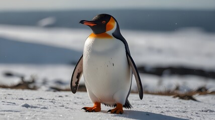 Wall Mural - a solitude magnificent king penguin standing proudly on a snowy landscape.it is the ice-bird.