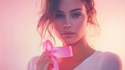 Wall Mural - A powerful image of a woman holding a pink ribbon over her heart, her expression determined and full of strength, the background a soft gradient of pink and white, the light casting a gentle glow on