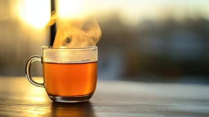 Wall Mural - Steaming Cup of Tea at Sunset