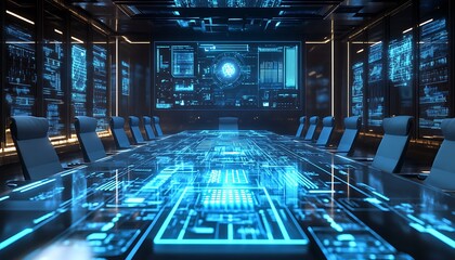 Aufkleber - High-Tech Boardroom with AI-Driven Interactive Table and Holographic Screens, Bright and Futuristic Atmosphere, Photo Realistic