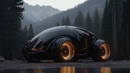 Sleek, futuristic black car with glowing, illuminated wheels parked in a serene forest setting, blending cutting-edge design with nature.