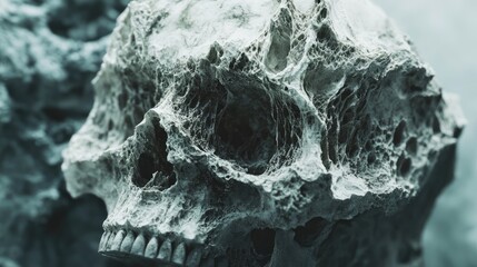 Poster - Close-Up of a Decomposed Human Skull with Exposed Bone Structure