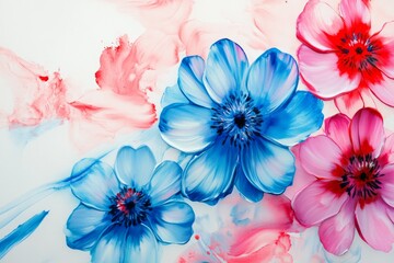 A stunning and beautiful watercolor artwork featuring a multitude of colorful blossoms, skillfully blending shades of blue and pink hues within a minimalist floral pattern that captivates the eye