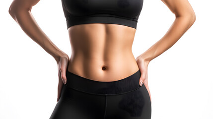 Wall Mural - Closeup woman body. Fitness woman showing abs and flat belly isolated on white background