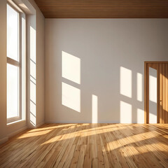 Poster - Room interior empty space background mock up, sunlight and shadows room walls, cozy summer warm room with sunlight and leafs shadows and wooden blank parquet floor