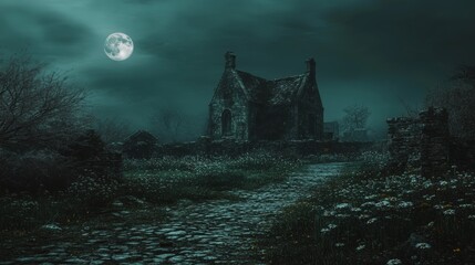 Dark Moonlit Pathway by Haunted House with Spooky Atmosphere, Overgrown Vegetation, and Full Moon in the Haunted Forest at Night