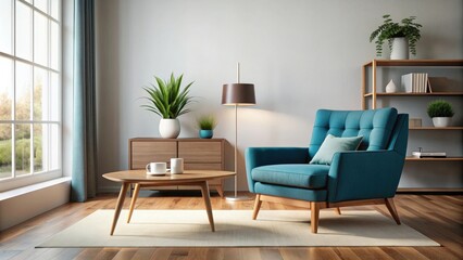 Mid-century modern living room featuring a blue armchair and wooden coffee table