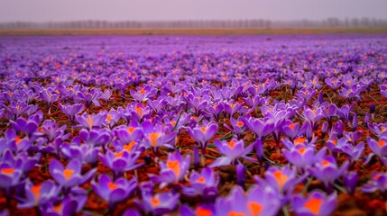 Sticker - A vibrant field of purple crocuses blooming in the spring.