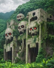 There is a mystical and haunting fantasy world where giant skulls with red eyes stand amidst a mountain valley creating an eerie landscape.