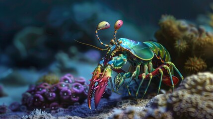 Wall Mural - A vibrant mantis shrimp perched on coral, showcasing its iridescent colors and unique features.