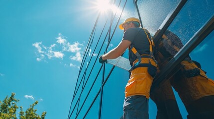 Poster - A man in a yellow vest is cleaning a window