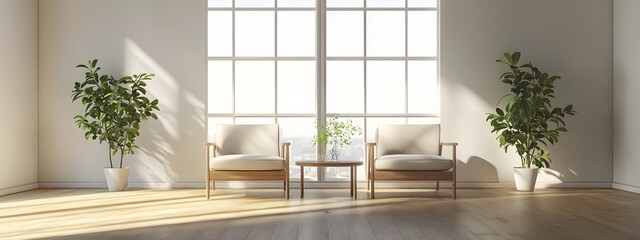 Two armchairs and a coffee table in a minimal, modern living room with a white wall mock-up background, panoramic view, wide angle, large floor-to-ceiling windows, wooden flooring, minimal style