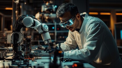 Poster - A man in a lab coat is working on a robot