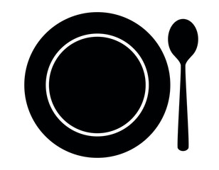 Wall Mural - place setting cutlery - spoon and plate silhouette shape, black and white vector illustration