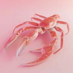 Poster - A vibrant red crab with its claws extended, isolated on a pink background.