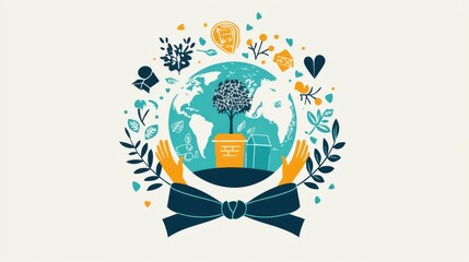 Wall Mural - A globe wrapped in a ribbon with icons of charity actions, such as a helping hand, a donation box, and a tree being planted