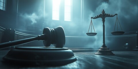 The floating golden scales of justice on the judge's table, courtroom background, law and justice concept, close-up view. 