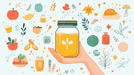 Wall Mural - A hand passing a donation jar, with symbols of various charitable causes around it, such as food, water, and education. The illustration is modern and clean, with space on the side for text