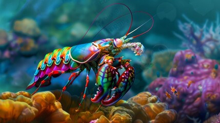 Sticker - A vibrant, colorful mantis shrimp perched on a coral reef.