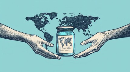 Poster - A minimalist depiction of hands passing a donation jar, with a world map subtly outlined in the background